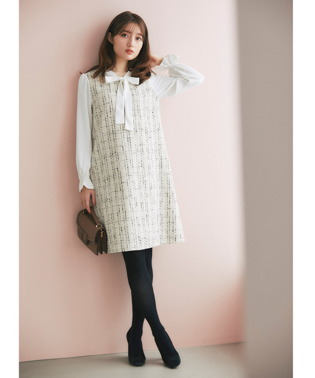 クラシカルに着こなすシフォン×ツイード切替ボウタイりぼん  