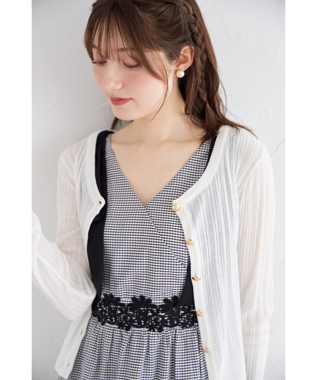 ゴールド釦ラメ透かし編みニットカーディガン