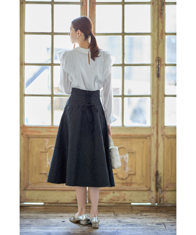 バックレースアップハイウエストジャガードフレアスカート≪Royal  