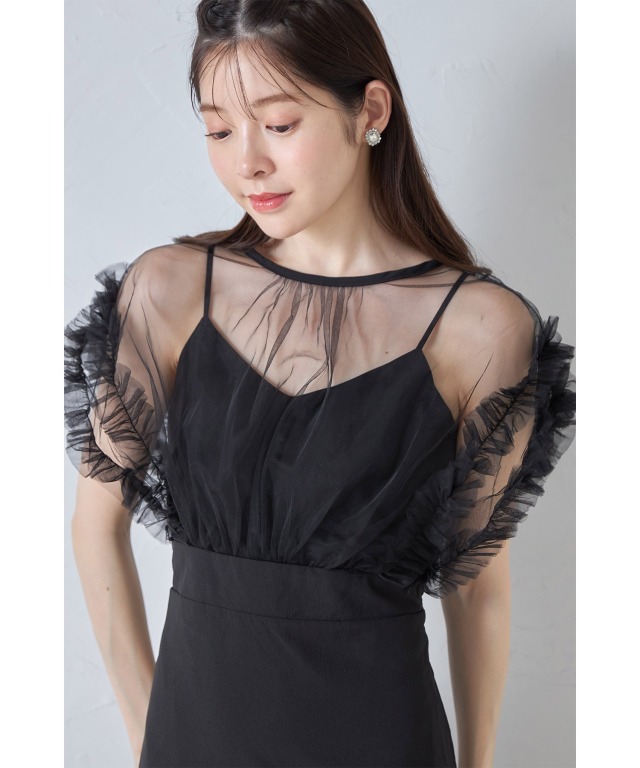 フリル付きブラックチュールトップス＆ブラックオールインワン2点セット 新色追加】【VISDRESS】チュールフリルセットオールインワン【低