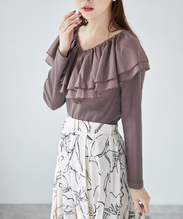 フリルケープカラー切り替えリブカットソープルオーバー