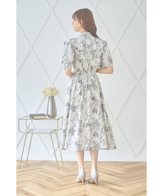 ボウタイリボン×ケープカラーフラワープリントワンピース