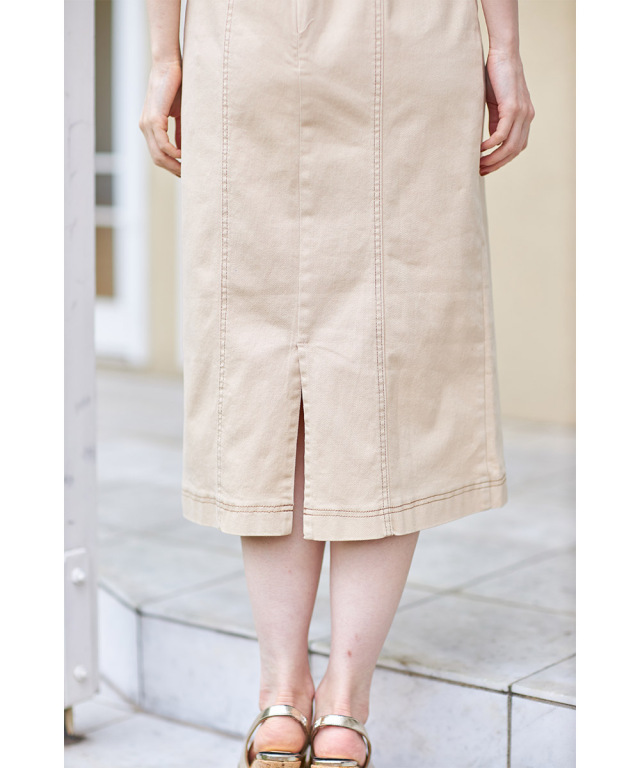 フロント飾り釦付きパフスリーブステッチ入りデニムワンピース