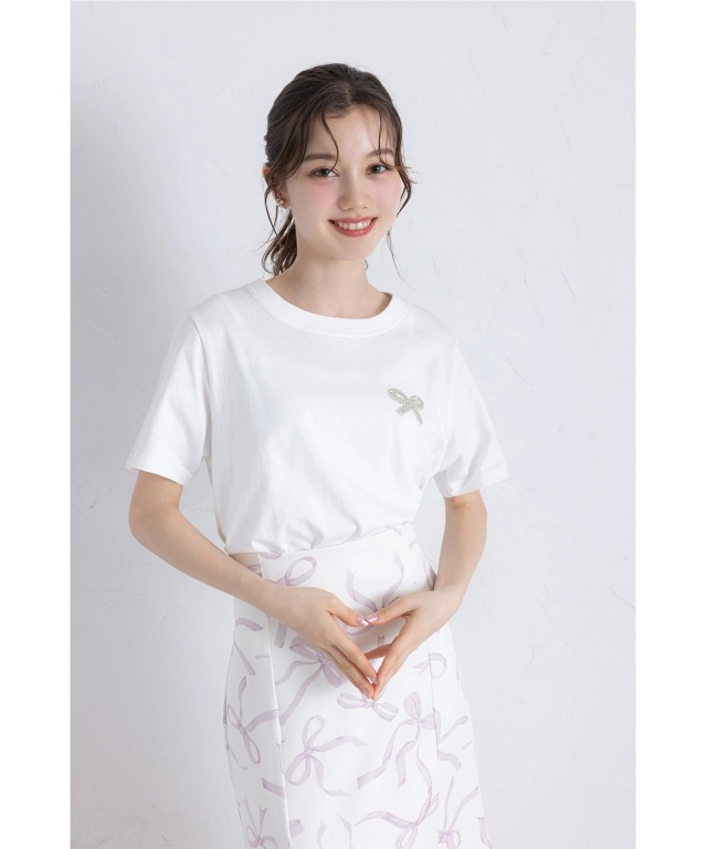 リボンビジュー付きTシャツ
