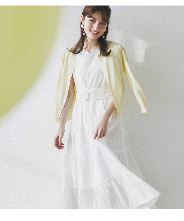 微糖な季節感ベルト付き肩フリルハートネックティアードマキシワンピース 