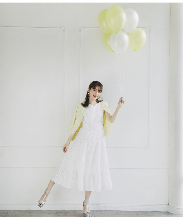 微糖な季節感ベルト付き肩フリルハートネックティアードマキシワンピース 