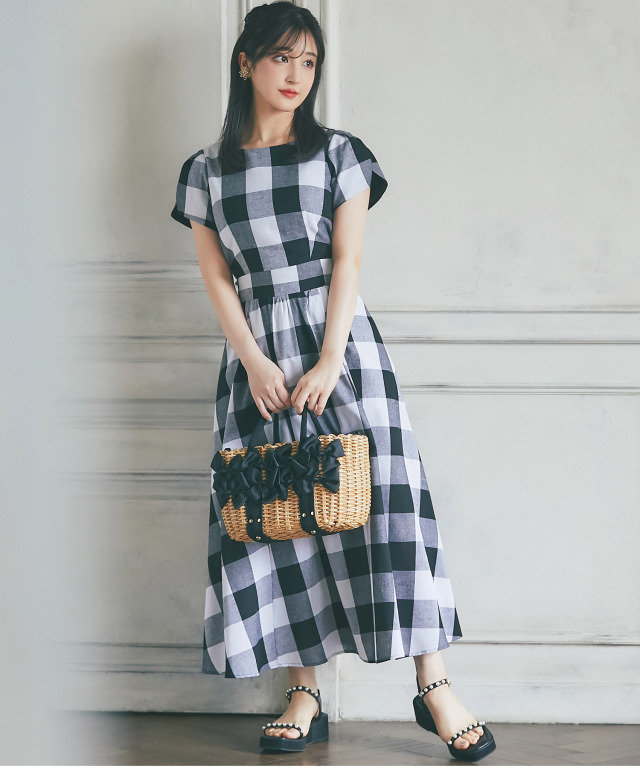 マルチWAYウエストリボン付きパール釦ブロックチェックワンピース