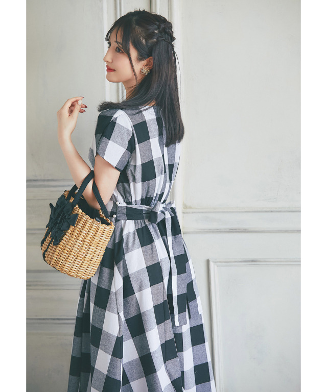マルチWAYウエストリボン付きパール釦ブロックチェックワンピース 