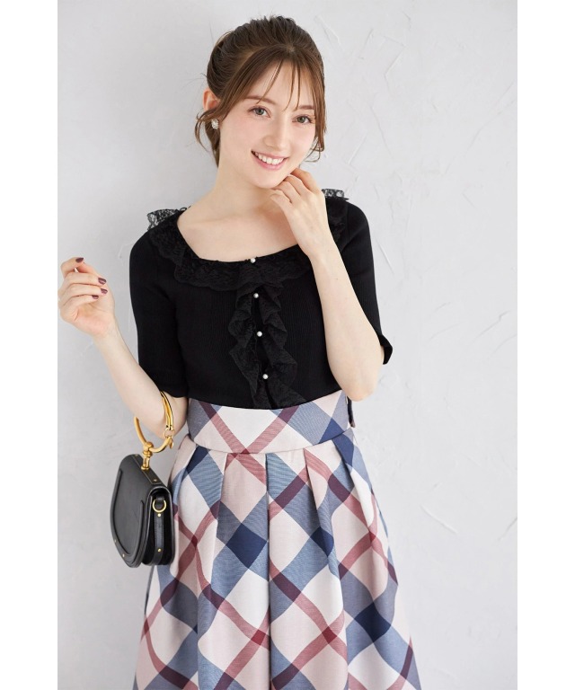 スクエアネックレースフリルニットプルオーバー