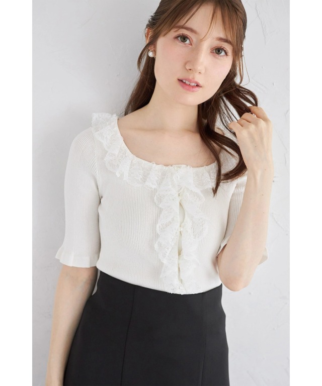 スクエアネックレースフリルニットプルオーバー