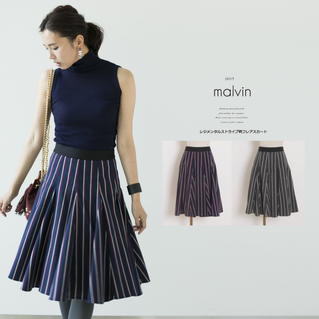 今季秋冬アイテム最終プライス レジメンタルストライプ柄フレアスカート Malvin マルヴィン 15 Fall Winter Collection Sale品につき返品 交換 キャンセル 配送日指定不可