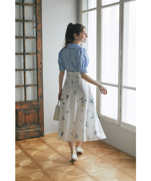 美品　PINKHOUSE 紺フレアスカート レース装飾付き コットンローンレースAラインギャザーフリルスカート｜ピンク