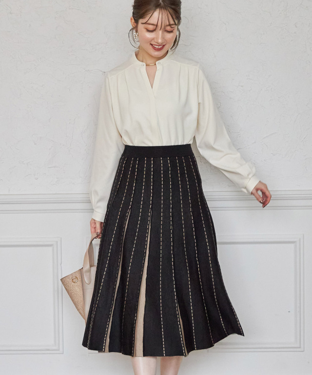 配色ステッチ風ジャカードニットフレアスカート 