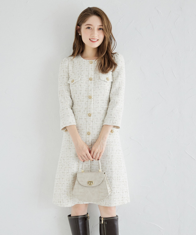 スノーフレーク飾り釦付きツイードワンピース 