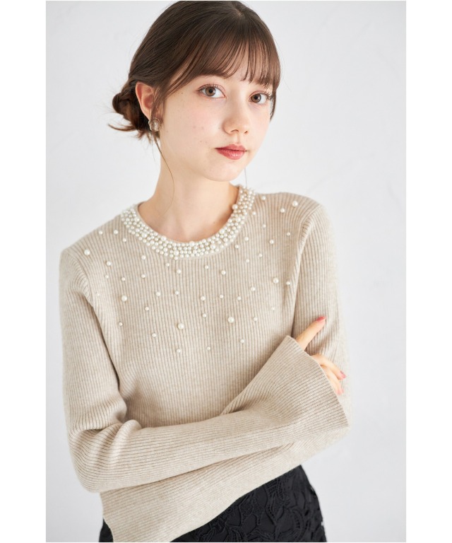 トッコクローゼット tocco closet パール付きフレアスリーブリブニットプルオーバー パール付きフレアスリーブリブニットプルオーバー