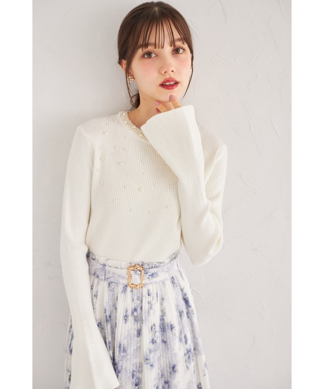 トッコクローゼット tocco closet パール付きフレアスリーブリブニットプルオーバー パール付きフレアスリーブリブニットプルオーバー