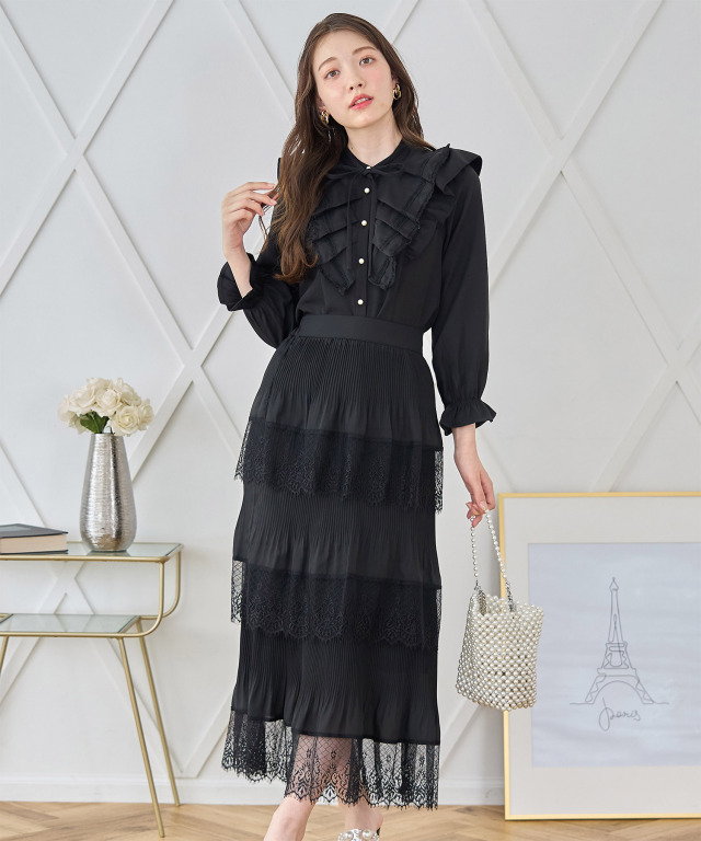 2WAYりぼん付きパール釦フロントオーガンジータックフリルブラウス