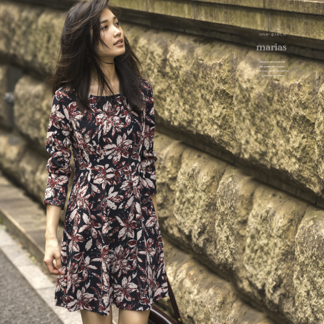 ウエストタック入り花柄長袖ワンピース Marias マリアス 15 Autumn Collection