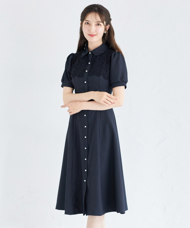 ヨークレース切り替えバックレースアップ半袖シャツワンピース 