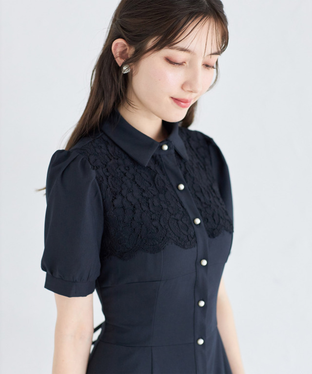 ヨークレース切り替えバックレースアップ半袖シャツワンピース 