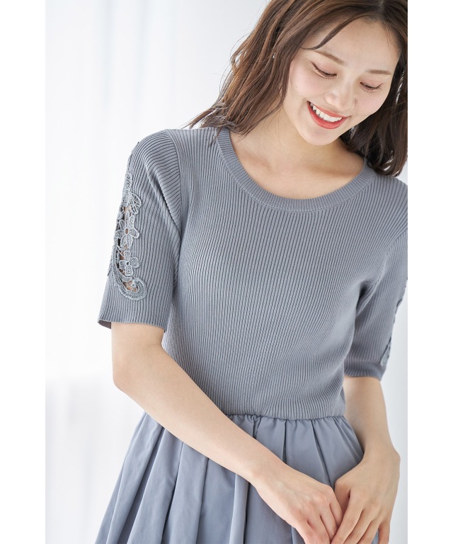 フラワー刺繍スリーブリブニット×タフタドッキングワンピース