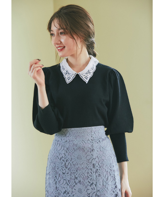 洗練の美人フォルム 取り外し可能なレース襟付きニットプルオーバー