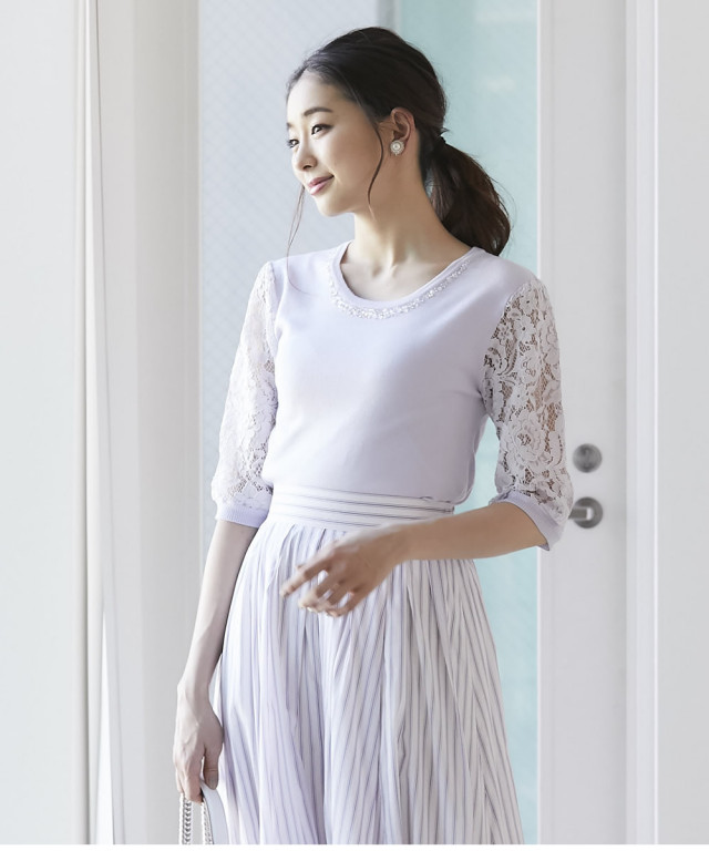 美品✨️トゥモローランド 麻 レース切替ブラウス フレンチ袖
