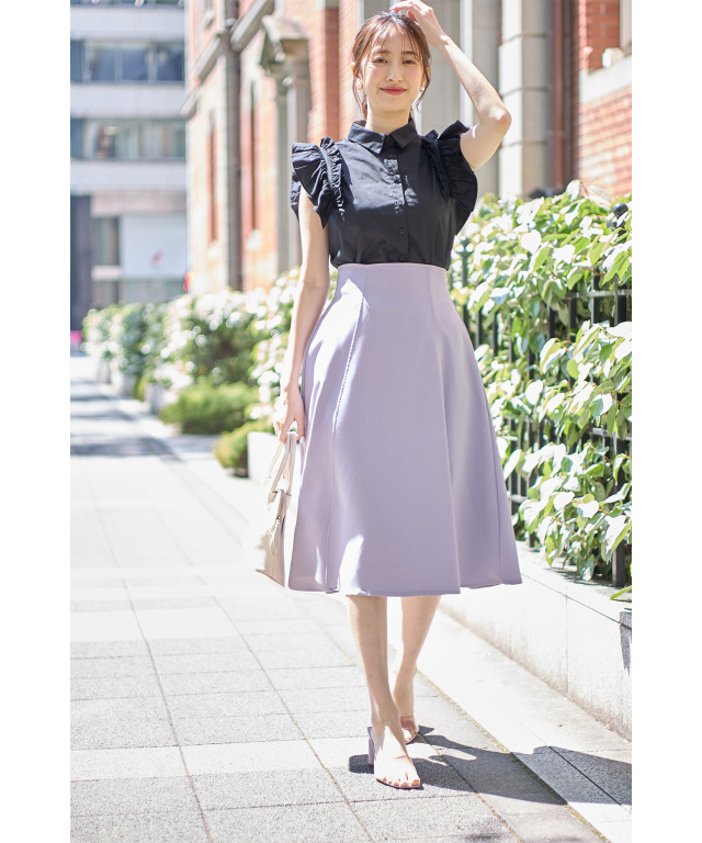 ハイウエスト無地ベーシックフレアスカート 