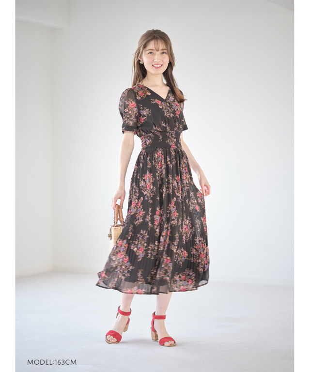 パフスリーブウエストシャーリングプリーツ切り替えカシュクール  