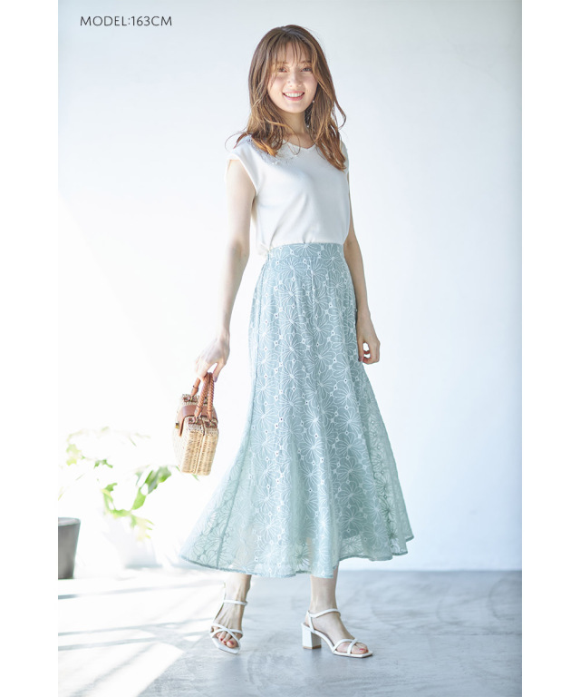 ★JIGOTT★フローラル フレア スカートDE391343 グリッターフラワーシアーフレアスカート(ロングスカート