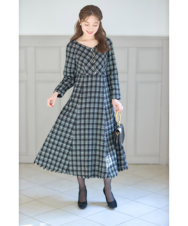 バックレースアップチェックツイードワンピース