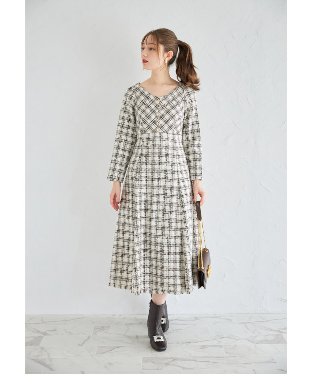 バックレースアップチェックツイードワンピース