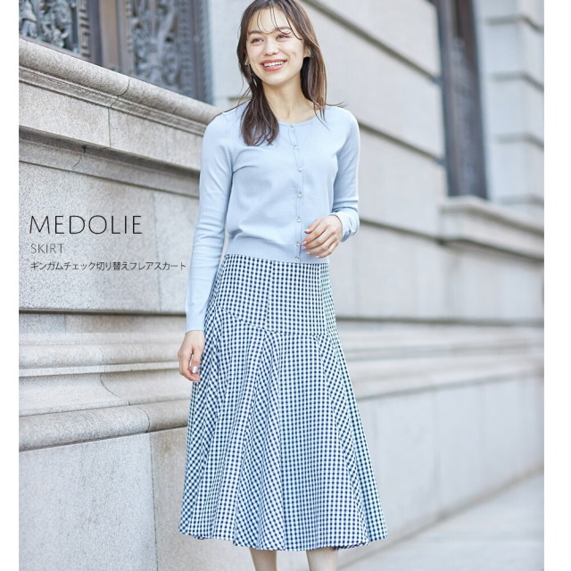 ギンガムチェック切り替えフレアスカート 