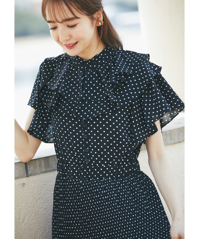 ワンピース ドット プリーツ レース ブラック パール 