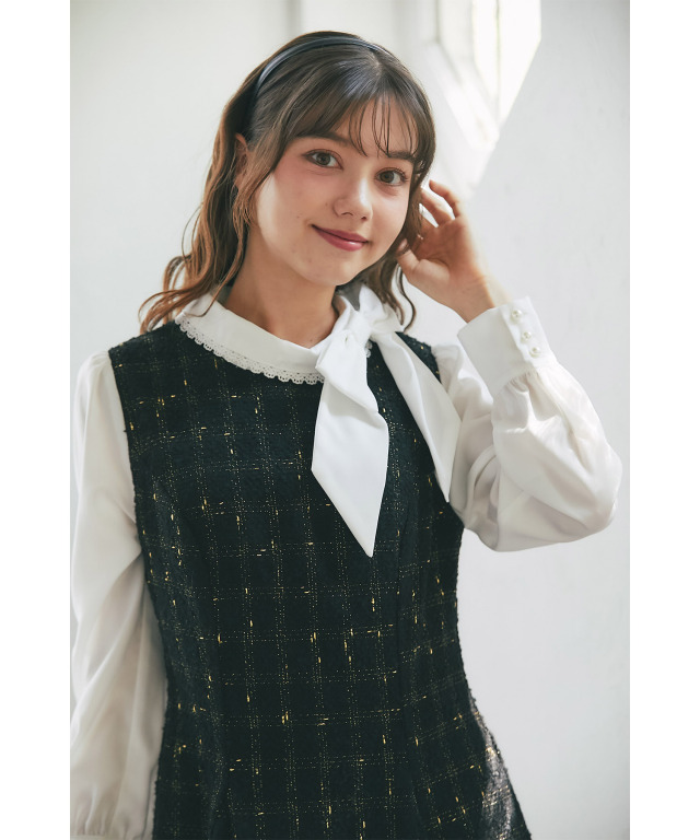 サイドリボン付きツイードドッキングミニワンピース