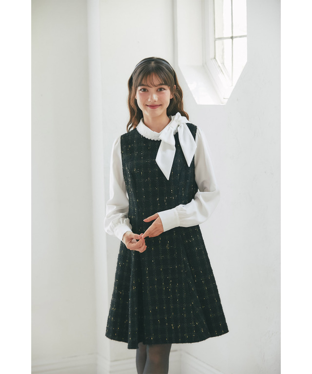 サイドリボン付きツイードドッキングミニワンピース