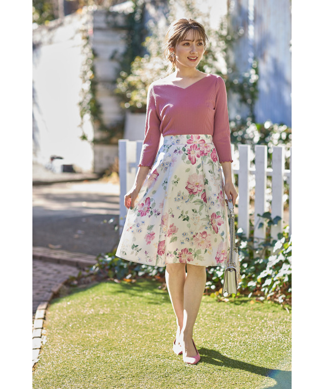 リブカットソー×フラワープリントドッキングワンピース 