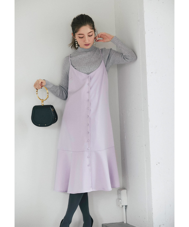 プチハイネックリブニットプルオーバー 後ろりぼんサテンキャミワンピースのセット