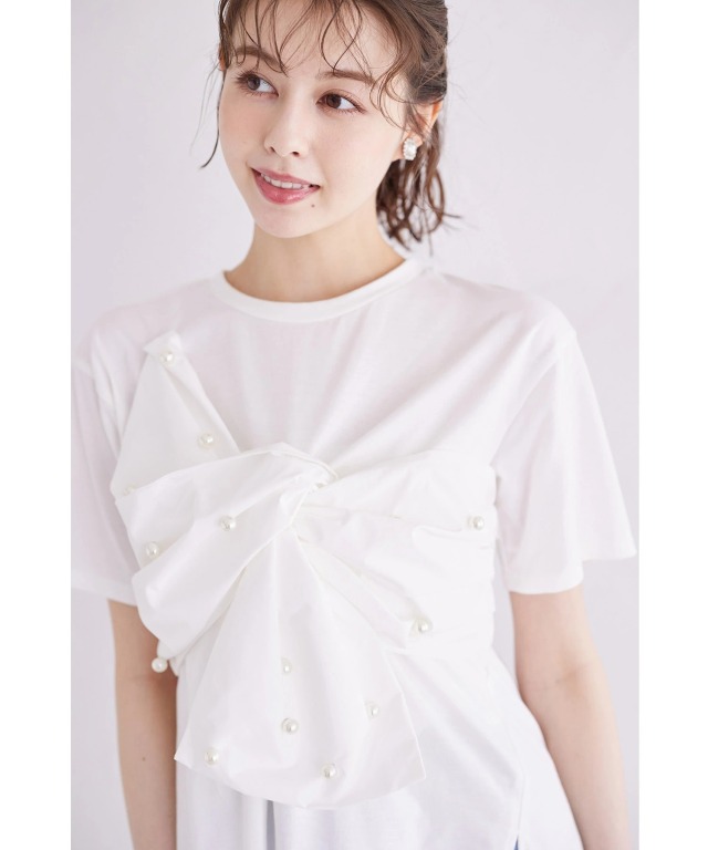今期パールリボン付きトップス☆ DearMyLove tシャツ パールリボンリブトップス レディース : ZOZOTOWN