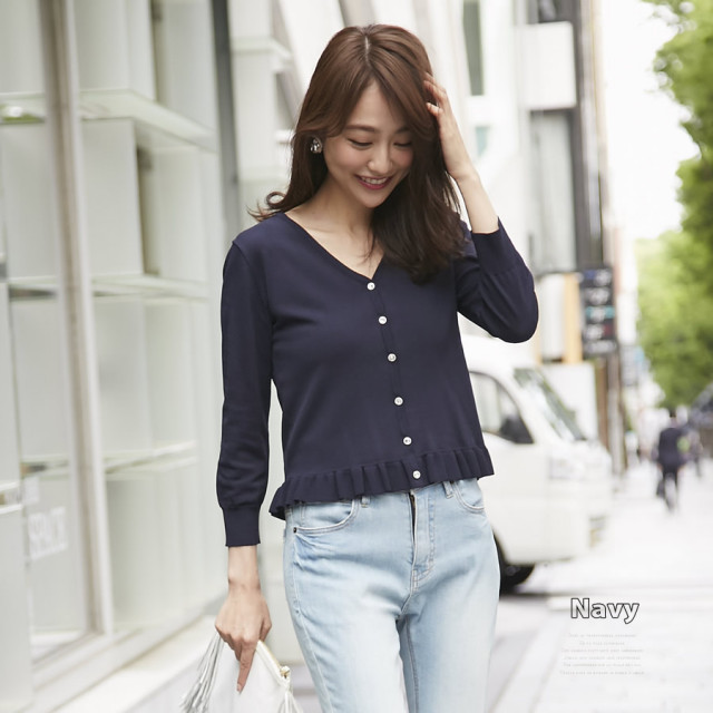 甘いひとクセがたまらない裾フリルシャリ感ニットカーディガン 【mifai  