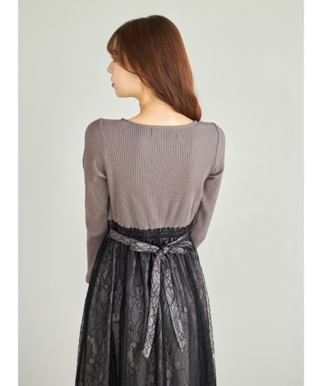 リボン＆パール付きハイウエスト切り替えレースドッキングワンピース