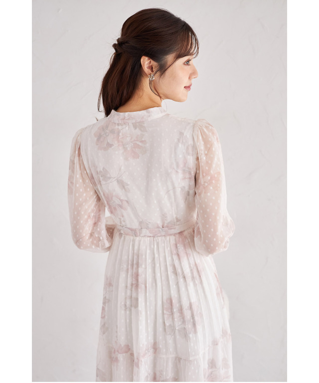 ベルト付きオパールドット×フラワープリントティアードワンピース