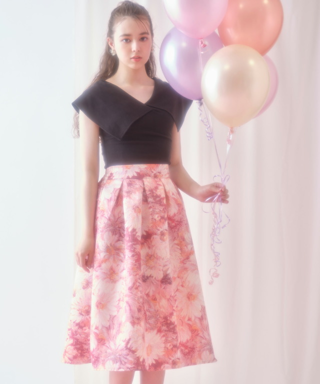 エレガントフラワープリントタックフレアスカート 