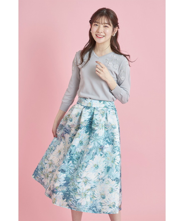 エレガントフラワープリントタックフレアスカート 