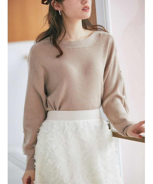 ニュアンシーなルックス♪パール付きスリーブリブニットプルオーバー 