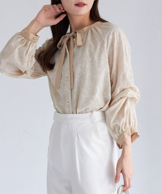 りぼん付きマルチWAY配色フロッキーフラワーブラウス