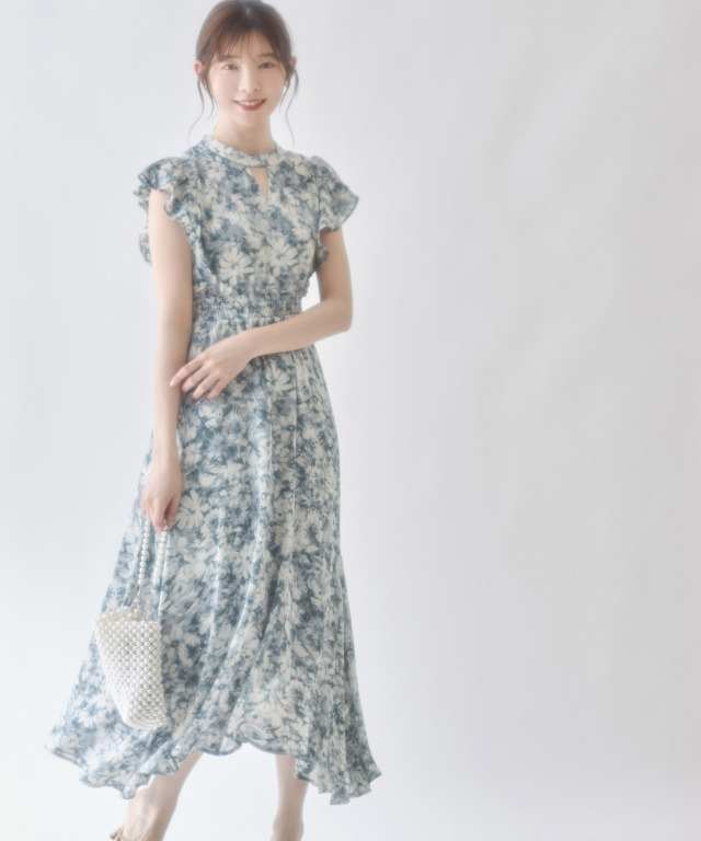 ★REISS Ashley ストラクチャーラッフルヘム 上質ワンピ★ ウエストシャーリングラッフルスリーブフラワープリントイレヘム