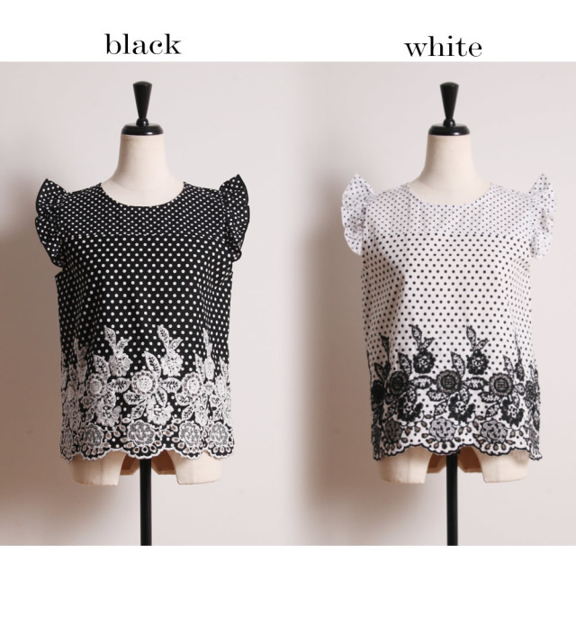 フレンチシックなアイレットフラワー刺繍入りドット柄コットンブラウス 