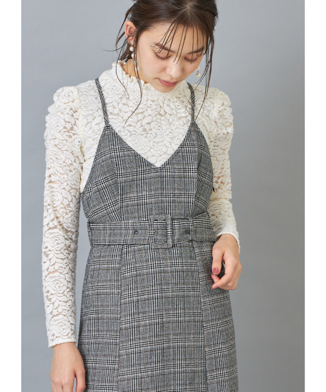 起毛レースパワーショルダープチフリルハイネックトップス