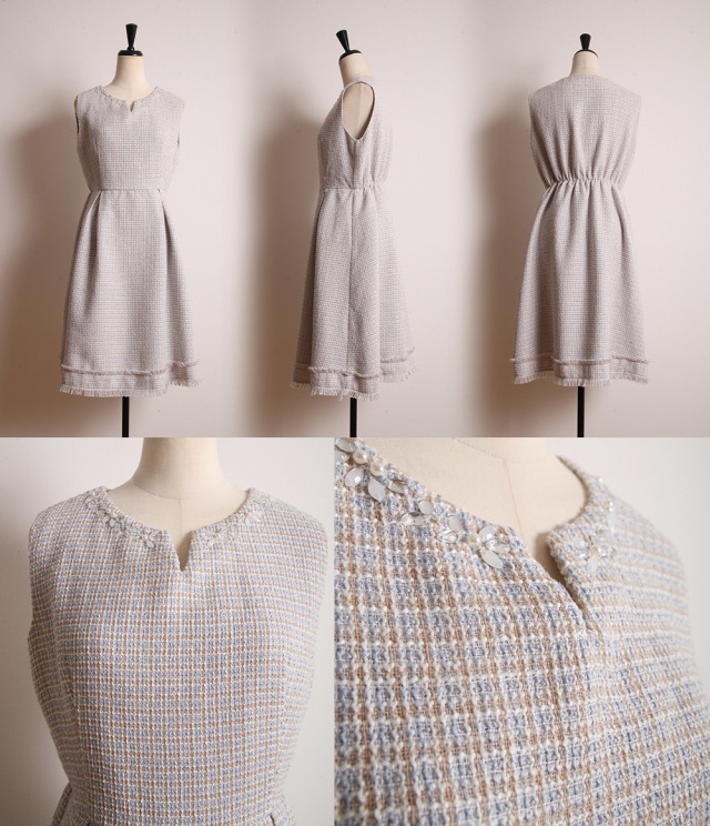 プチフォーマルな気品漂うビジュー付きツイードノースリーブワンピース